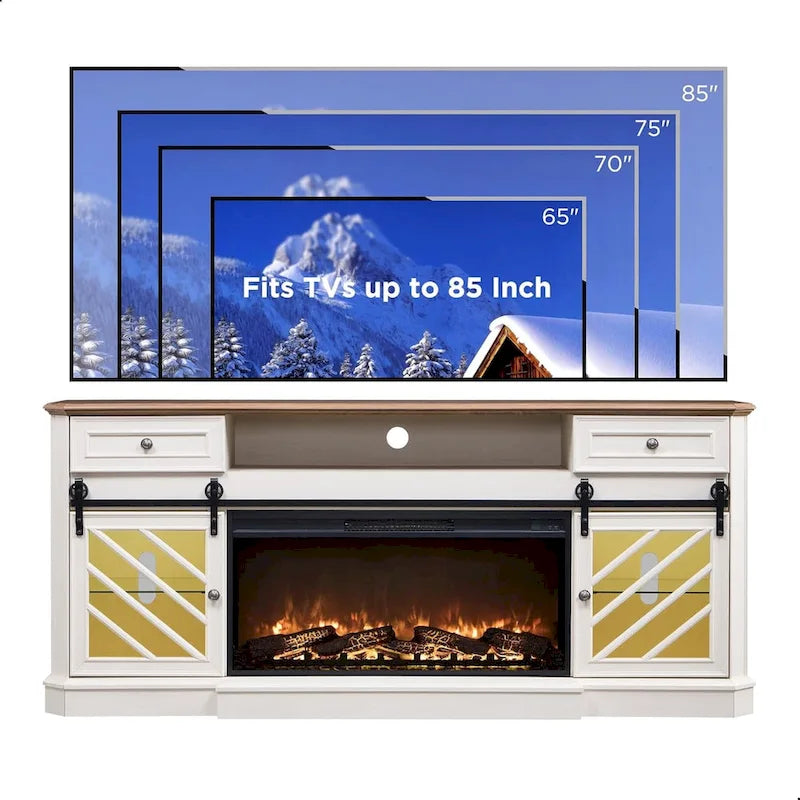 Farmhouse Fireplace TV Stand for 85 Inch TV, Entertainment Center
