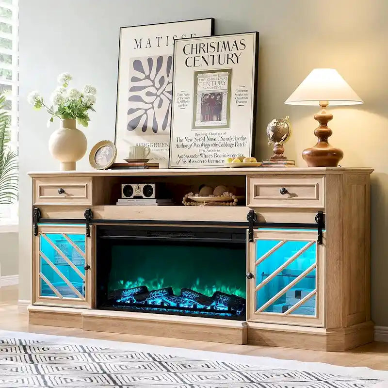Farmhouse Fireplace TV Stand for 85 Inch TV, Entertainment Center