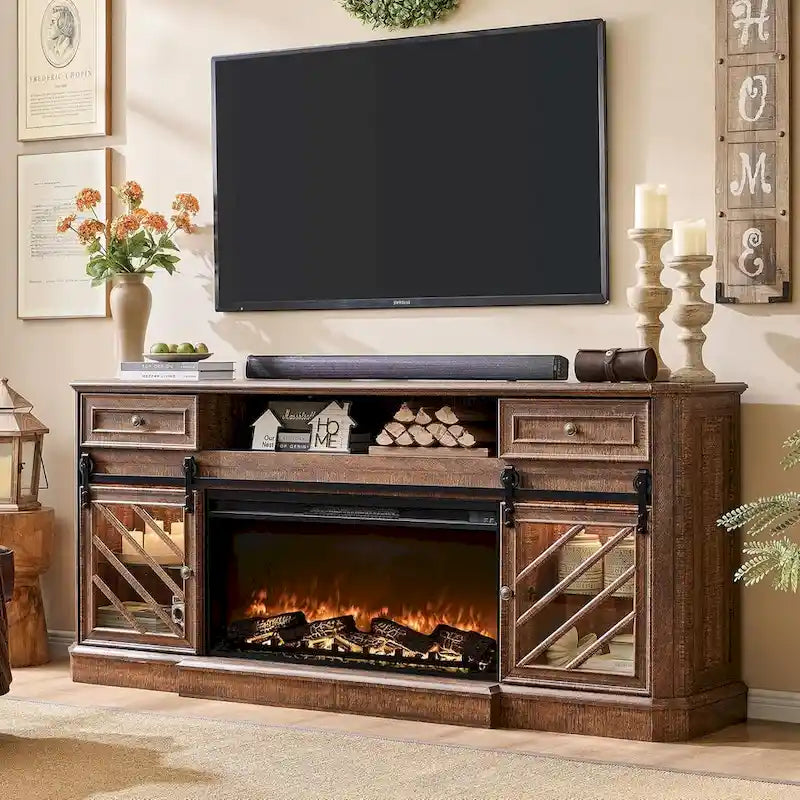 Farmhouse Fireplace TV Stand for 85 Inch TV, Entertainment Center