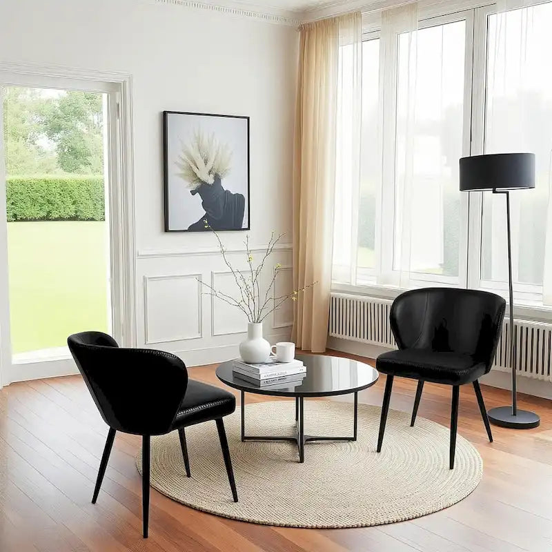 Upholstered Kitchen Chairs with Faux Leather Cushion Seat and Metal Legs, Mid Century, Black,Set of 2