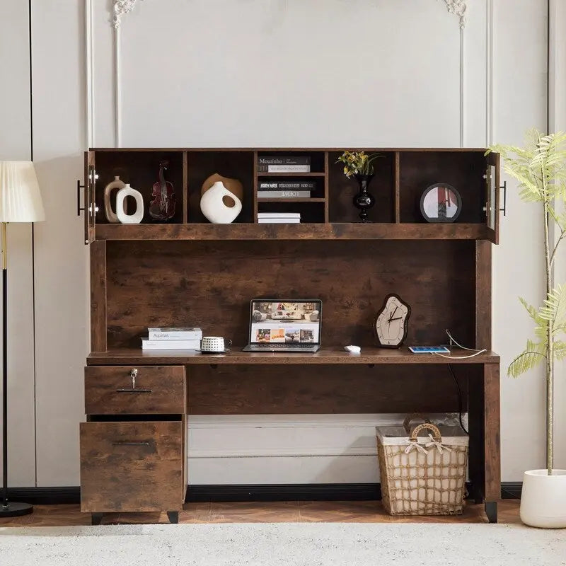 Modern Rustic Computer Desk with Storage Hutch