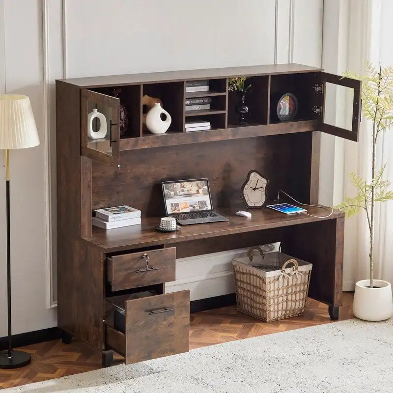 Modern Rustic Computer Desk with Storage Hutch