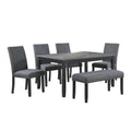 Drake 6 Piece Dining Table Set, 4 Chairs, Bench, Gray Fabric, Black Wood