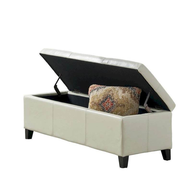 Elias Storage Ottoman Bench, Detailed Ivory Faux Leather, 51 Inch