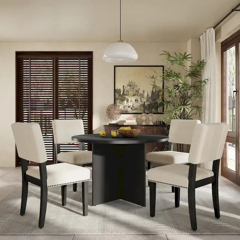 4 People Round Dining Table Set, 5 Piece Kitchen Table Set with Round Dining Table and 4 Upholstered Dining Chairs
