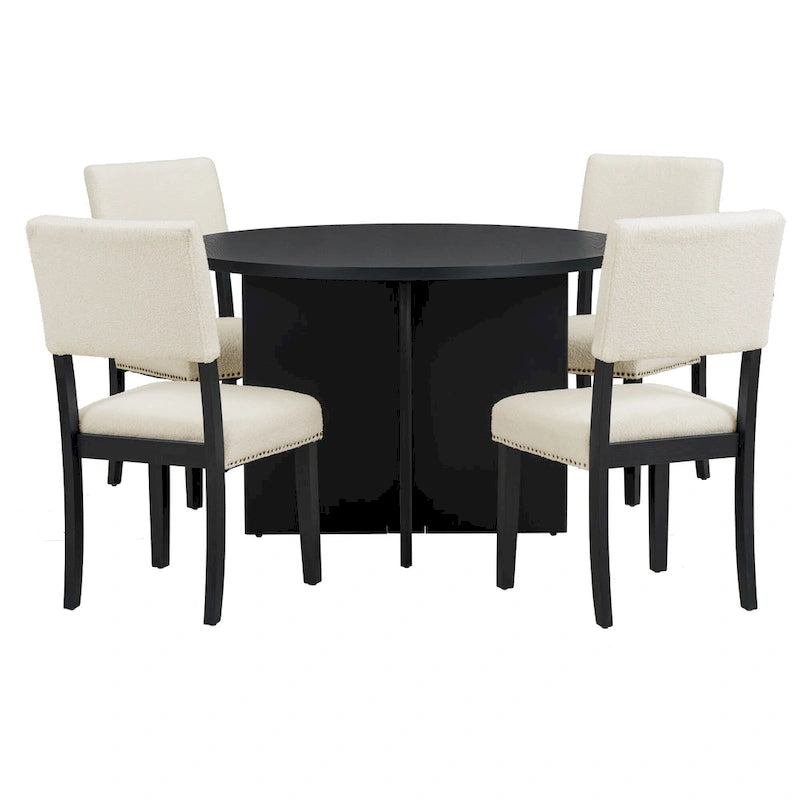 4 People Round Dining Table Set, 5 Piece Kitchen Table Set with Round Dining Table and 4 Upholstered Dining Chairs