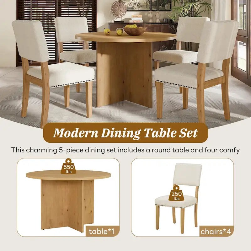 4 People Round Dining Table Set, 5 Piece Kitchen Table Set with Round Dining Table and 4 Upholstered Dining Chairs