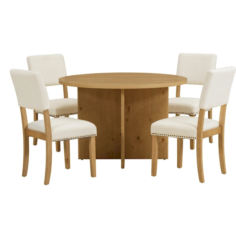 4 People Round Dining Table Set, 5 Piece Kitchen Table Set with Round Dining Table and 4 Upholstered Dining Chairs