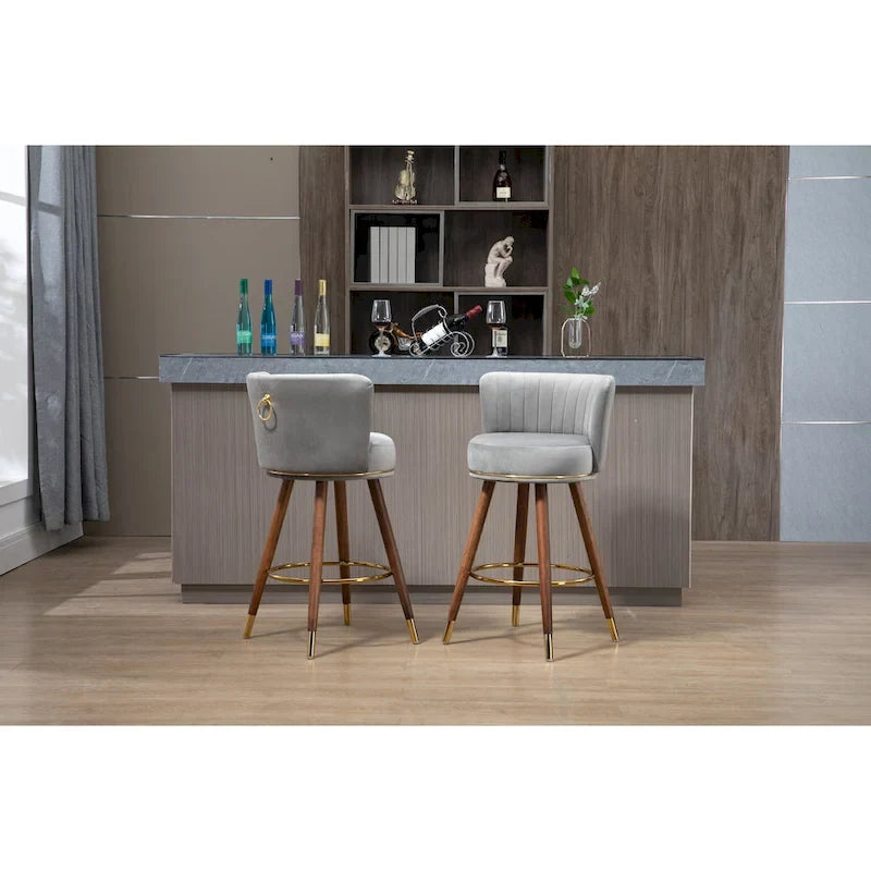 Bar Stools Set of 2, Swivel Barstools with Wood Legs and Footrest, Upholstered Kitchen Stool Island with Backs