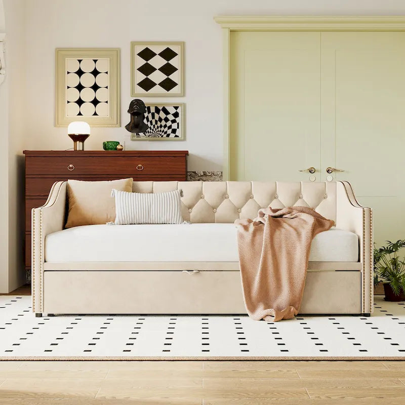 Button Tufted Backrest Daybed, Twin To King Extendable Sofabed with 2 Armrests & Pop Up Trundle Bed, Velvet Platform Bed