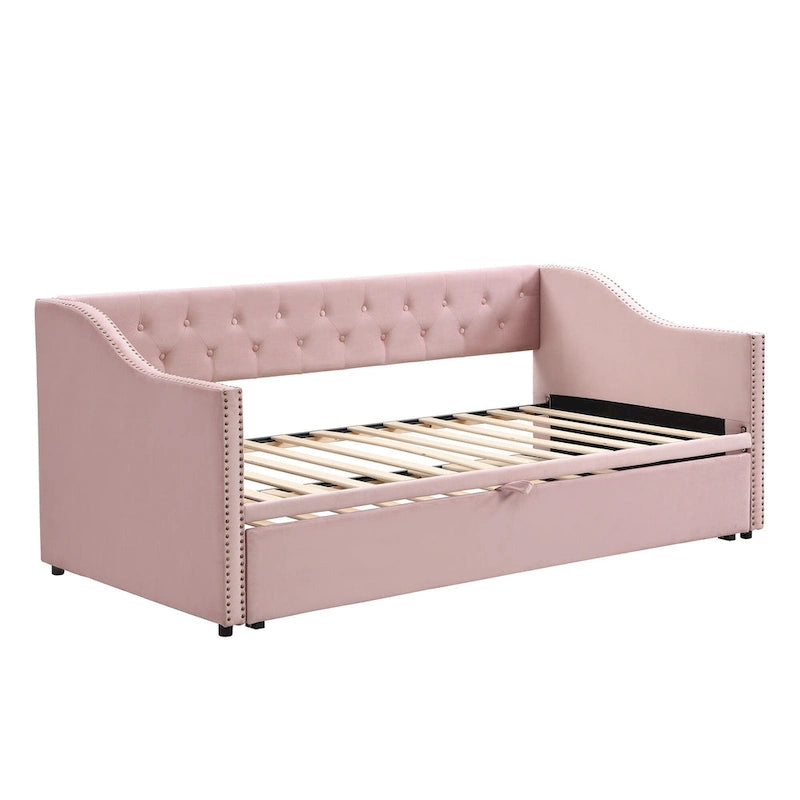 Button Tufted Backrest Daybed, Twin To King Extendable Sofabed with 2 Armrests & Pop Up Trundle Bed, Velvet Platform Bed