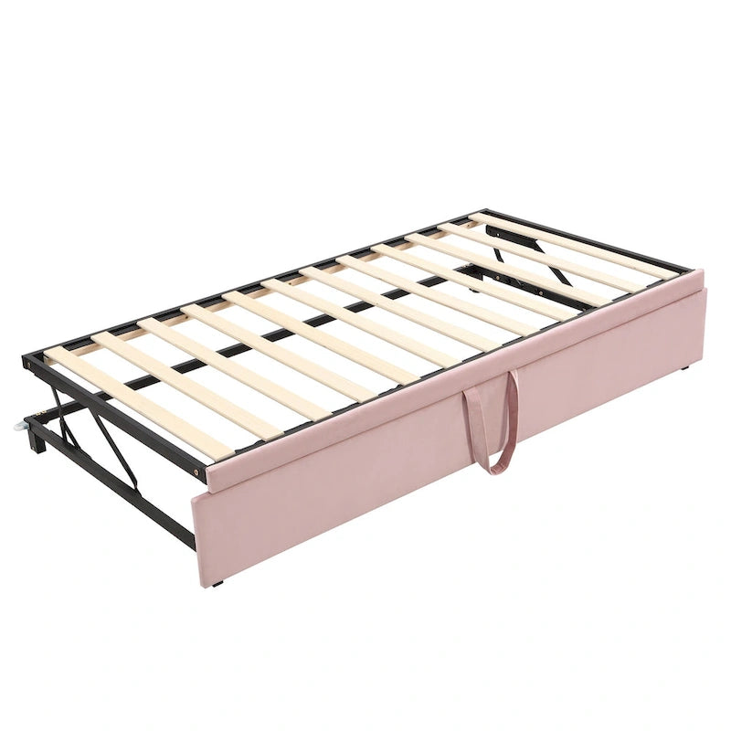 Button Tufted Backrest Daybed, Twin To King Extendable Sofabed with 2 Armrests & Pop Up Trundle Bed, Velvet Platform Bed