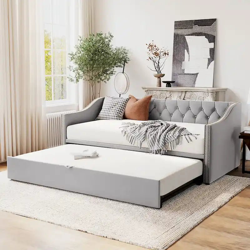 Button Tufted Backrest Daybed, Twin To King Extendable Sofabed with 2 Armrests & Pop Up Trundle Bed, Velvet Platform Bed