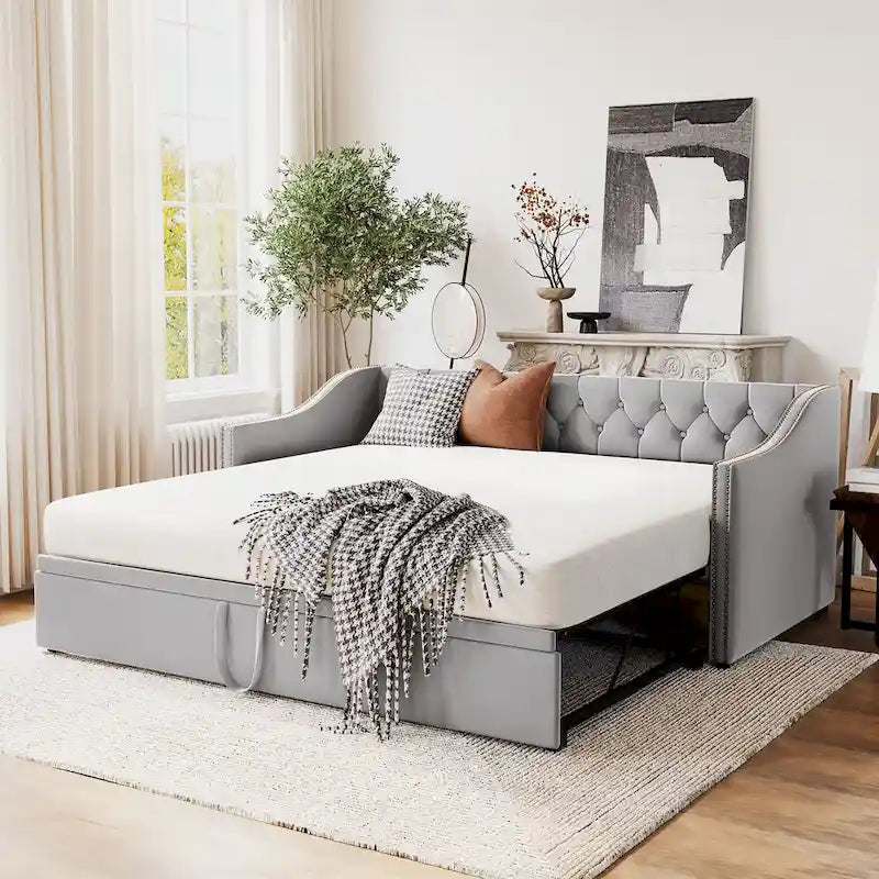 Button Tufted Backrest Daybed, Twin To King Extendable Sofabed with 2 Armrests & Pop Up Trundle Bed, Velvet Platform Bed