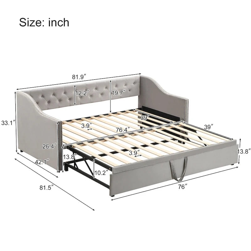 Button Tufted Backrest Daybed, Twin To King Extendable Sofabed with 2 Armrests & Pop Up Trundle Bed, Velvet Platform Bed