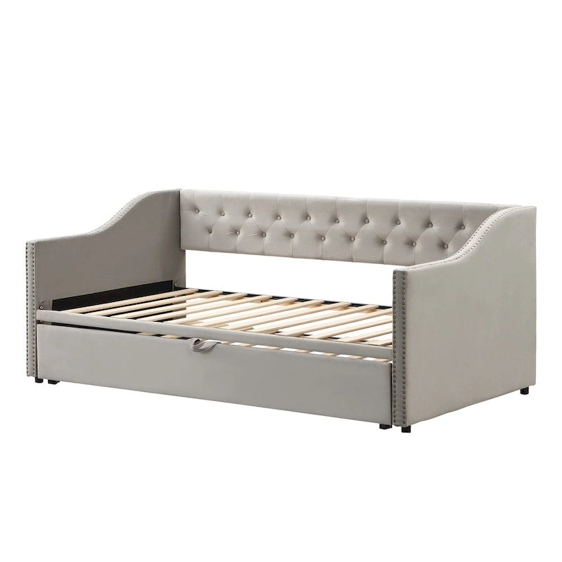Button Tufted Backrest Daybed, Twin To King Extendable Sofabed with 2 Armrests & Pop Up Trundle Bed, Velvet Platform Bed