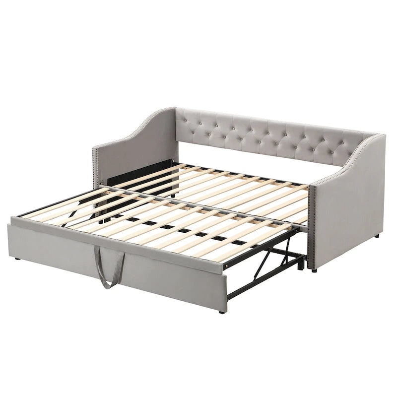 Button Tufted Backrest Daybed, Twin To King Extendable Sofabed with 2 Armrests & Pop Up Trundle Bed, Velvet Platform Bed