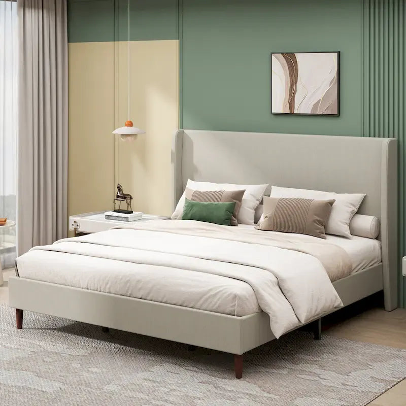 King Size Solid Wood Legs Platform Bed with 12-Slat Support System