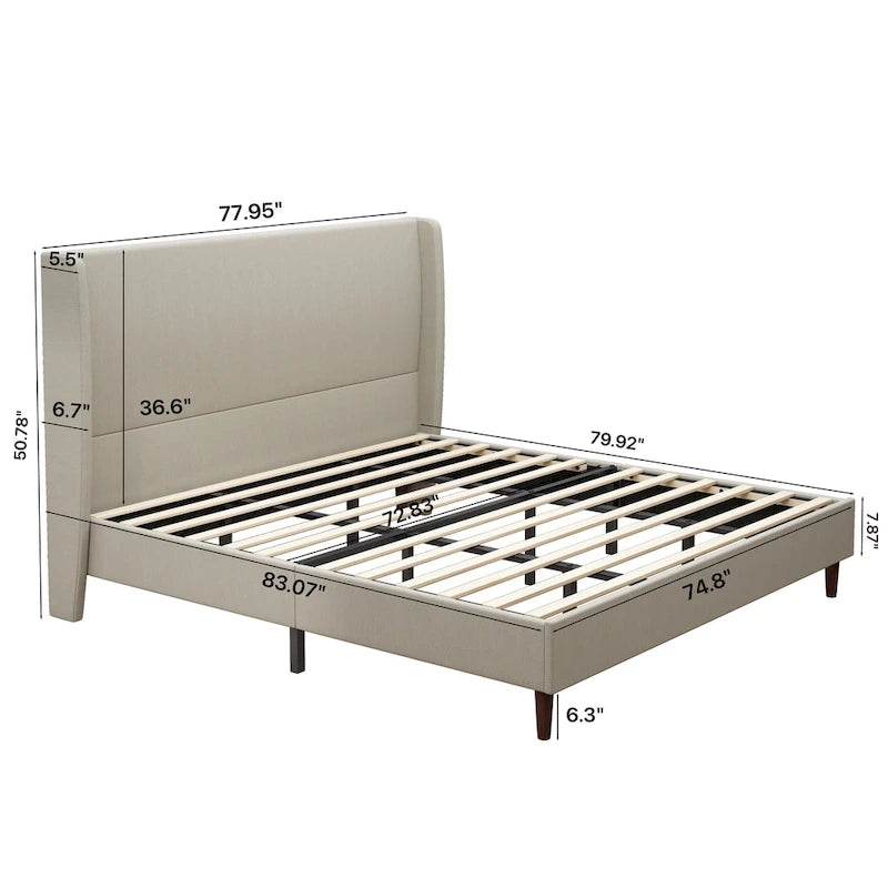 King Size Solid Wood Legs Platform Bed with 12-Slat Support System