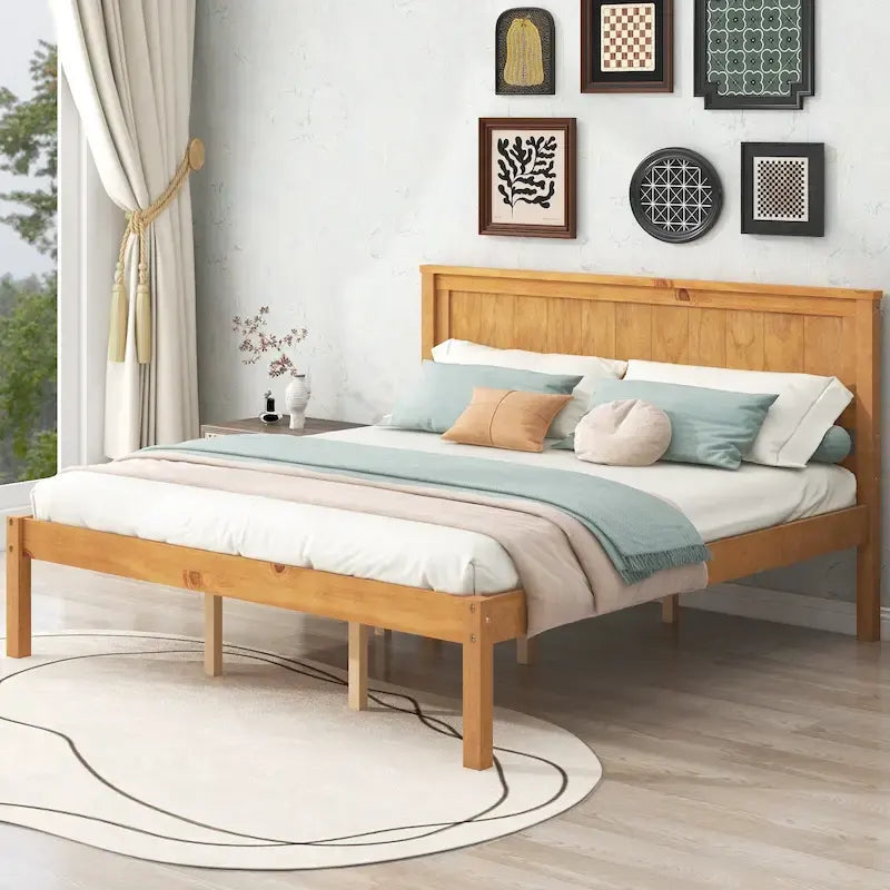 Espresso Queen Size Pine Wooden Platform Bed with Headboard and Wood Slat Support for Bedroom