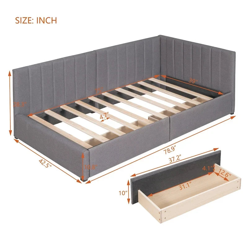 Grey Linen Upholstered Daybed with 2 Storage Drawers, Twin Size Sofa Bed Frame, No Box Spring Needed