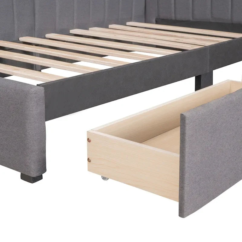 Grey Linen Upholstered Daybed with 2 Storage Drawers, Twin Size Sofa Bed Frame, No Box Spring Needed