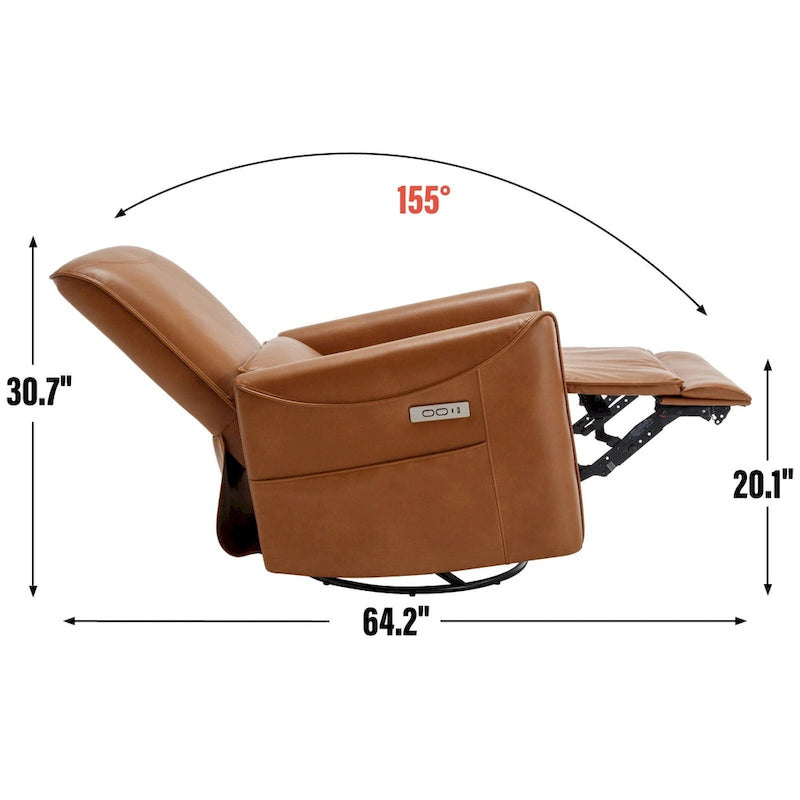 Brown Ergonomic Power Recliner with 270 Swivel, USB & Type-C Charging Ports, and Lumbar Support