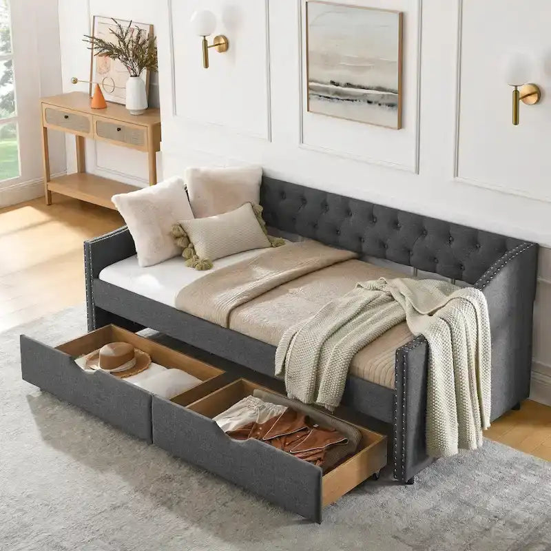 Twin Size Linen Upholstered Daybed Frame with 2 Drawers, Buttons Tufted Backrest, Copper Nail Decoration