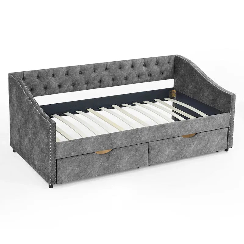 Twin Size Linen Upholstered Daybed Frame with 2 Drawers, Buttons Tufted Backrest, Copper Nail Decoration