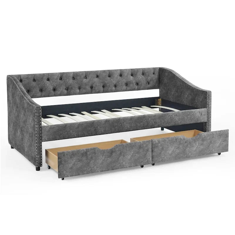 Twin Size Linen Upholstered Daybed Frame with 2 Drawers, Buttons Tufted Backrest, Copper Nail Decoration