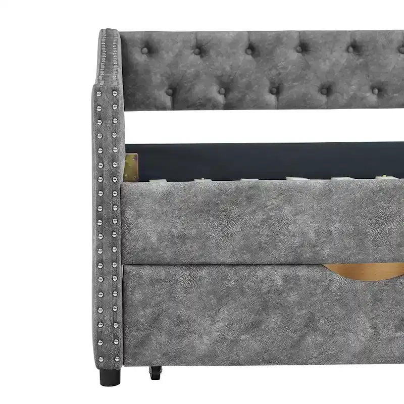 Twin Size Linen Upholstered Daybed Frame with 2 Drawers, Buttons Tufted Backrest, Copper Nail Decoration
