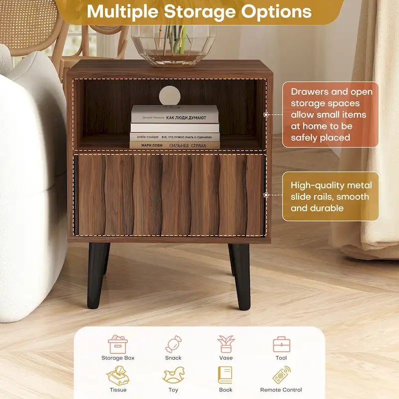 Mid-Century Modern Nightstand, Fluted End Table Drawer & Open Storage