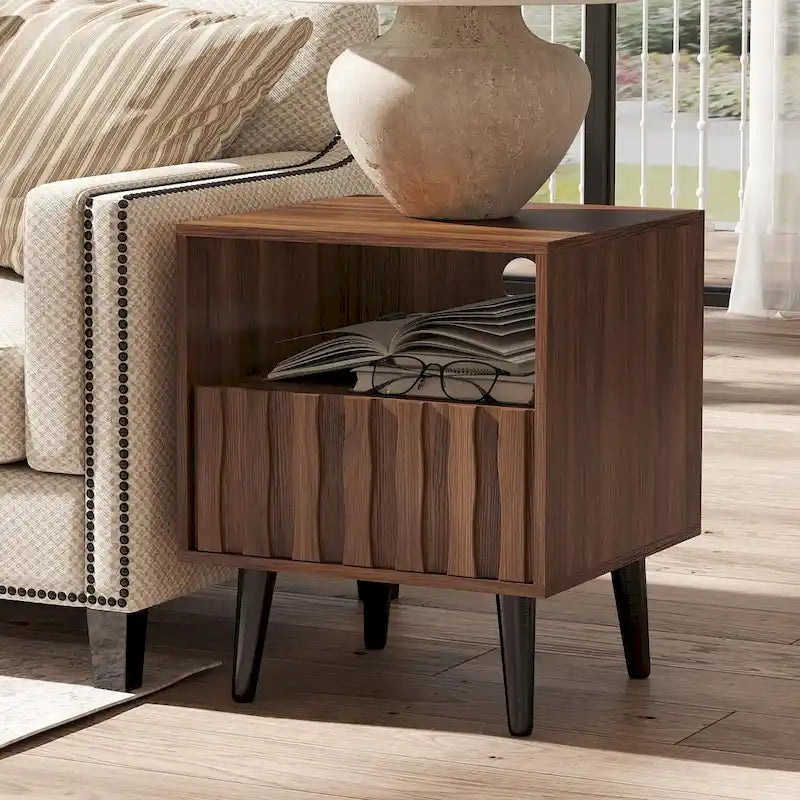 Mid-Century Modern Nightstand, Fluted End Table Drawer & Open Storage