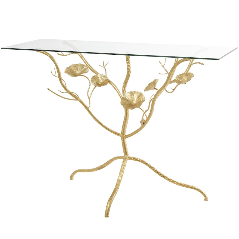 Metal Floral Branch Console Table with Glass Top - Gold - Roche River Decor