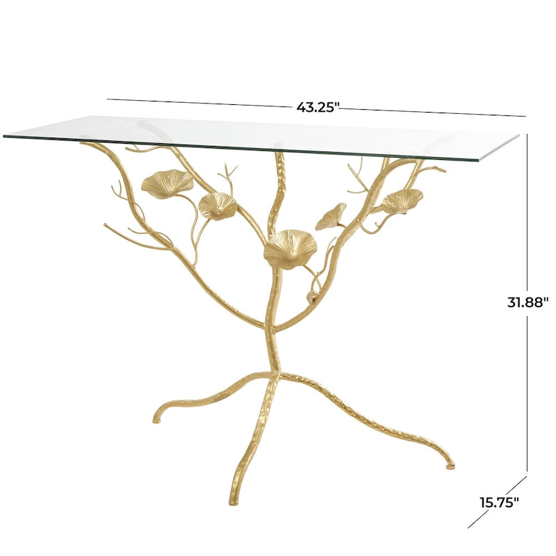 Metal Floral Branch Console Table with Glass Top - Gold - Roche River Decor
