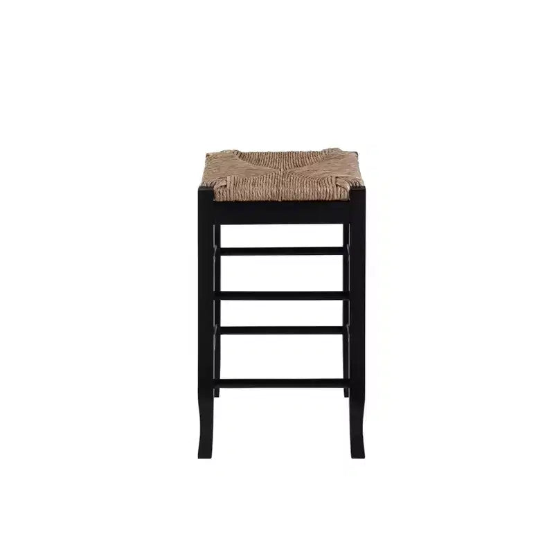 Tabouret de bar en bois massif à hauteur de comptoir avec assise en paille tressée, noir
