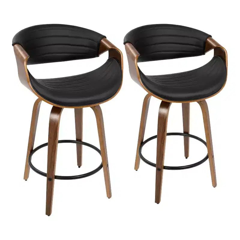 Set of 2 Symphony Mid Century Modern Counter Height Barstool Faux Leather Walnut/Black - LumiSource: Swivel, Wood &amp;#38; Metal Frame, 250lb Capacity