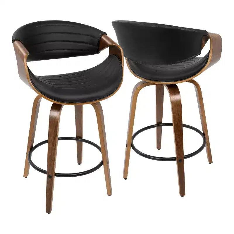 Tabouret de bar moderne mi-siècle, hauteur comptoir, similicuir Noyer/Noir : Pivotant, cadre bois et métal, capacité 113 kg.