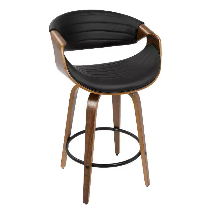 Tabouret de bar moderne mi-siècle, hauteur comptoir, similicuir Noyer/Noir : Pivotant, cadre bois et métal, capacité 113 kg.