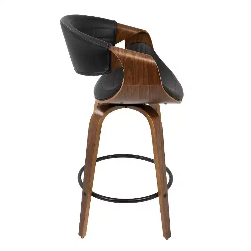Tabouret de bar moderne mi-siècle, hauteur comptoir, similicuir Noyer/Noir : Pivotant, cadre bois et métal, capacité 113 kg.