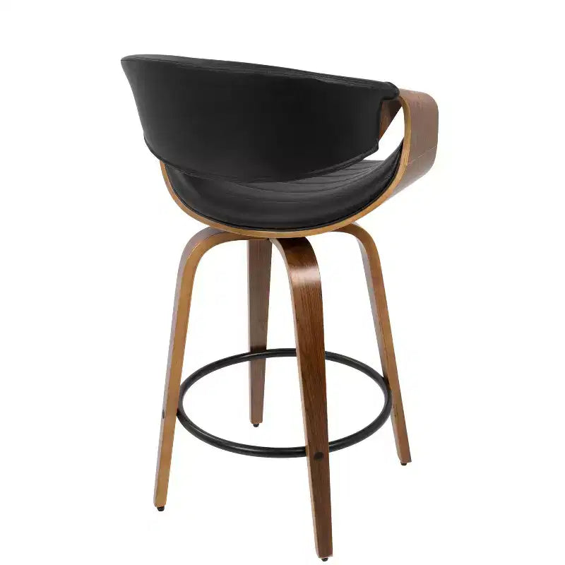 Tabouret de bar moderne mi-siècle, hauteur comptoir, similicuir Noyer/Noir : Pivotant, cadre bois et métal, capacité 113 kg.