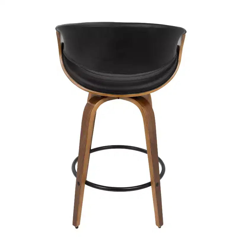 Tabouret de bar moderne mi-siècle, hauteur comptoir, similicuir Noyer/Noir : Pivotant, cadre bois et métal, capacité 113 kg.