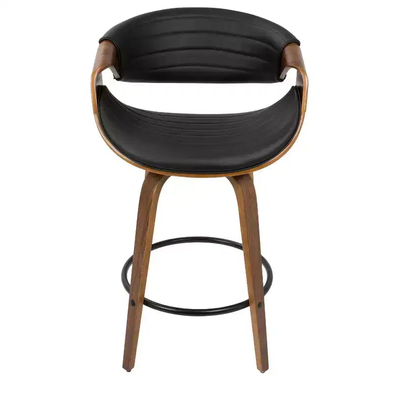 Tabouret de bar moderne mi-siècle, hauteur comptoir, similicuir Noyer/Noir : Pivotant, cadre bois et métal, capacité 113 kg.
