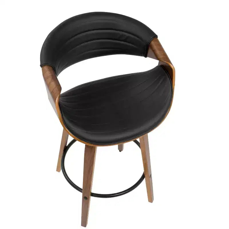 Tabouret de bar moderne mi-siècle, hauteur comptoir, similicuir Noyer/Noir : Pivotant, cadre bois et métal, capacité 113 kg.