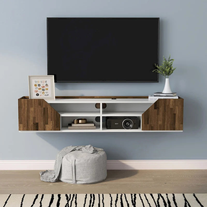 DH BASIC Transitional White 61-inch Two-tone 4-Shelf Floating TV Stand by Denhour