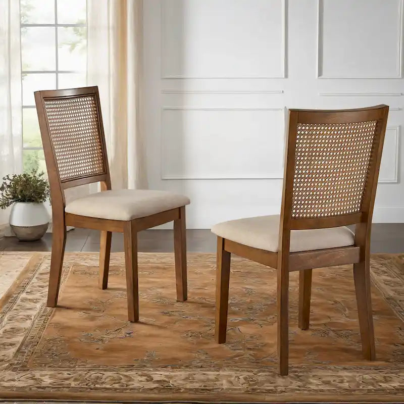 Ronda Beige Linen Rattan Back Dining Chairs (Set of 2)