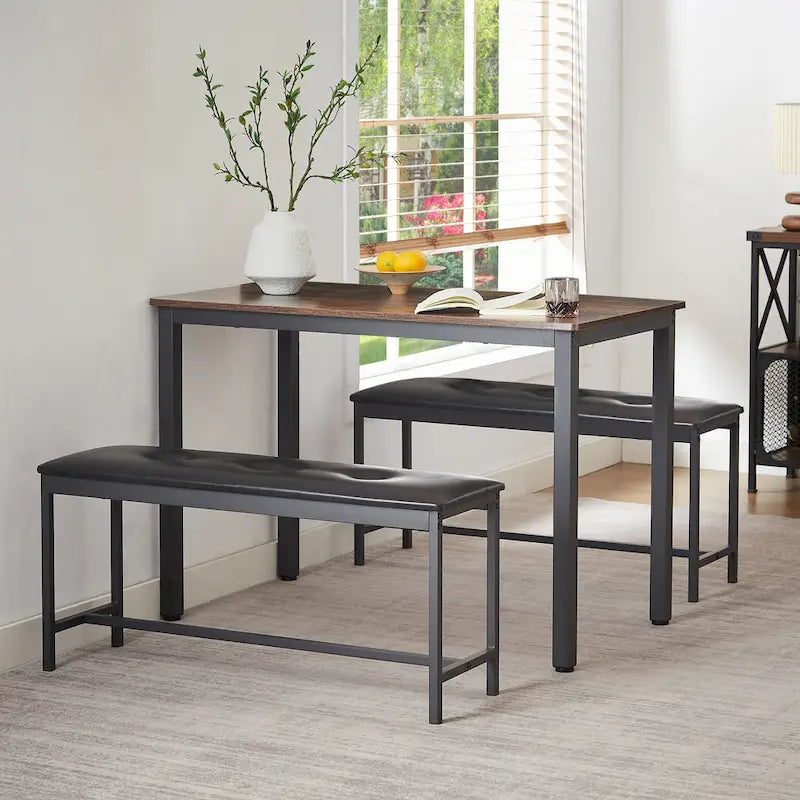 3-Piece Dining Table Set, Rectangular Dining Table with 2 Benches, Rustic Brown and Black