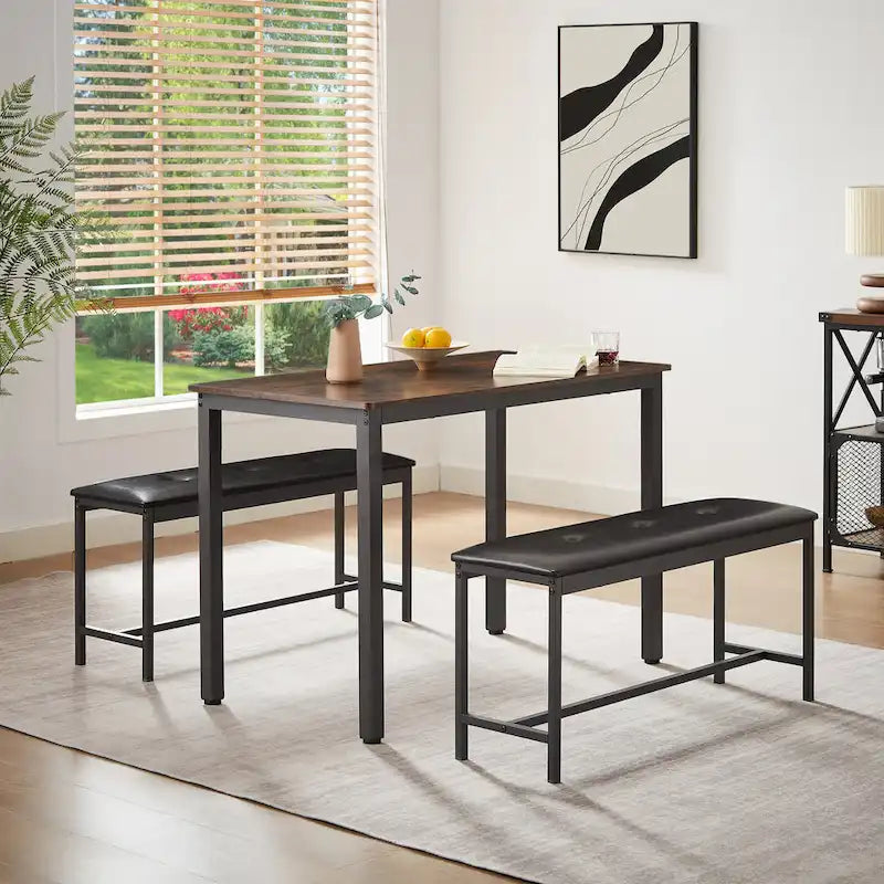 3-Piece Dining Table Set, Rectangular Dining Table with 2 Benches, Rustic Brown and Black