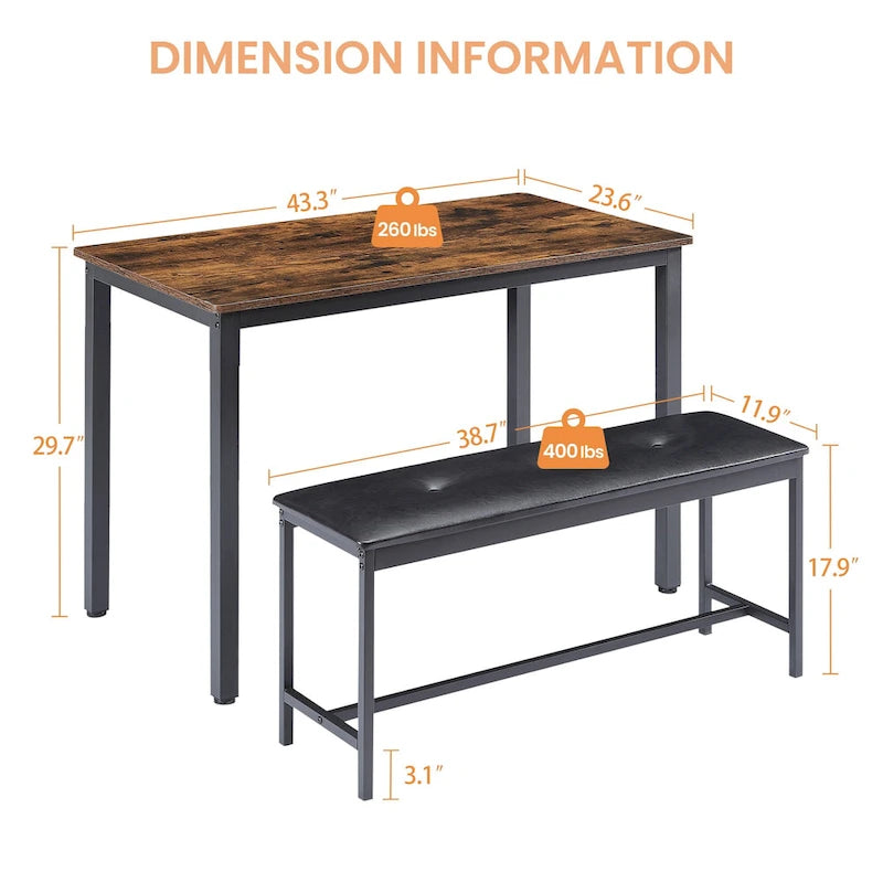 3-Piece Dining Table Set, Rectangular Dining Table with 2 Benches, Rustic Brown and Black