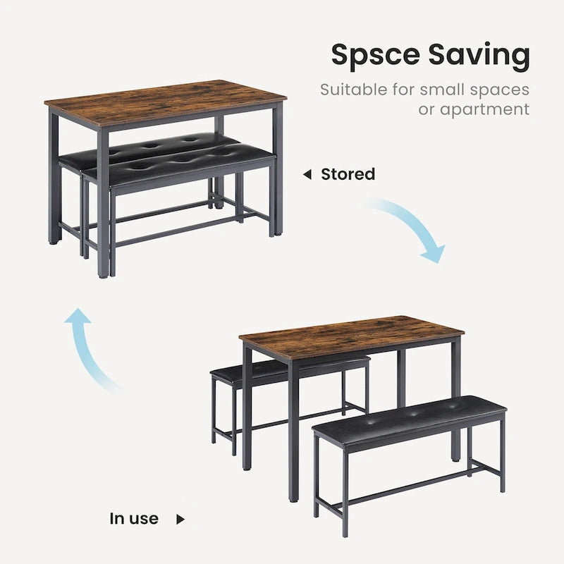 3-Piece Dining Table Set, Rectangular Dining Table with 2 Benches, Rustic Brown and Black